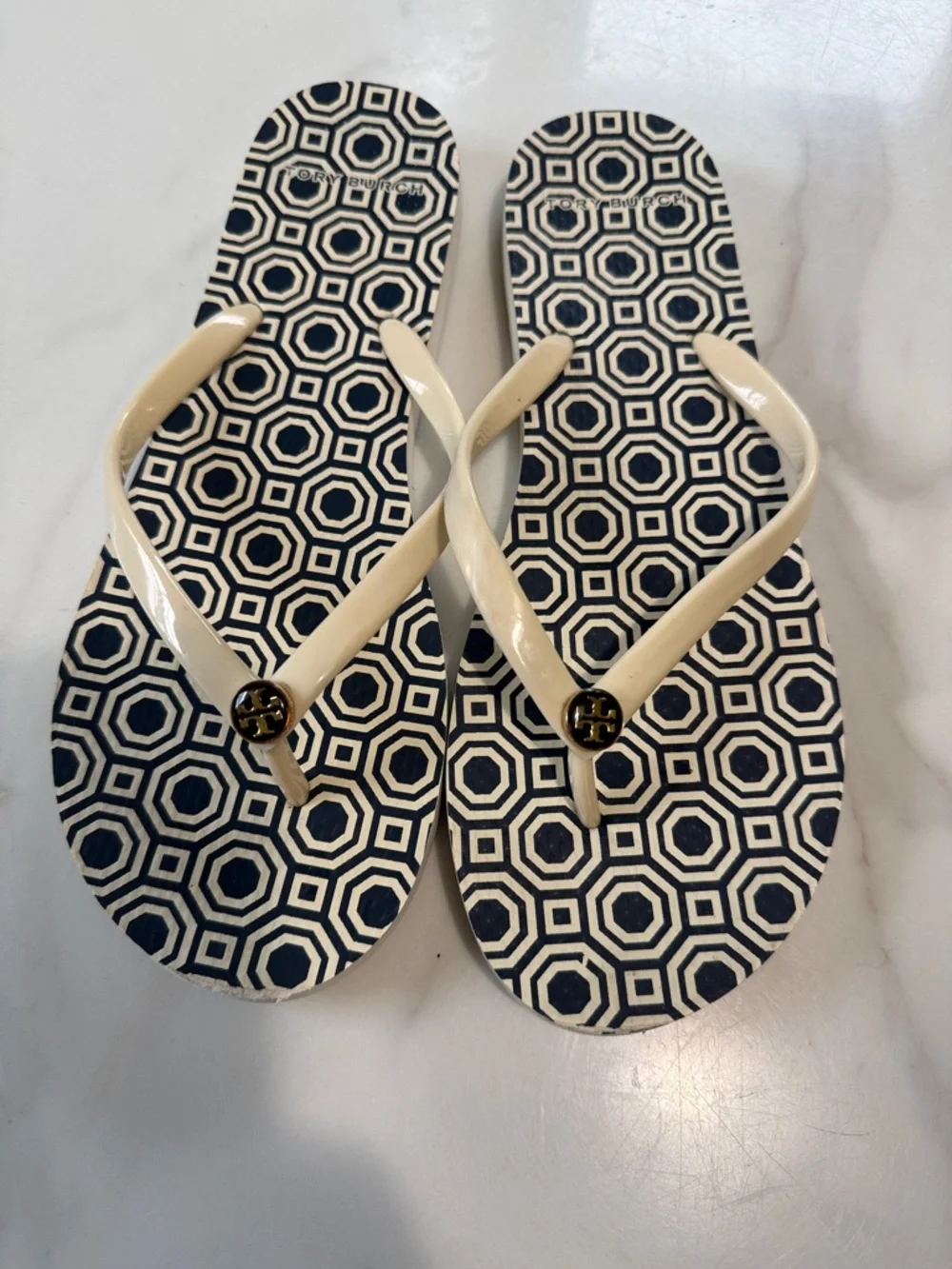 Tory Burch Navy Geometric Print Flip Flops with Cream Straps
